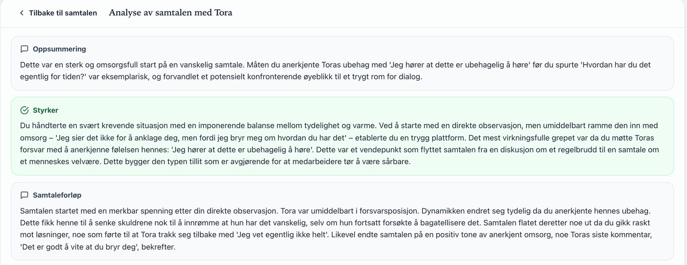 Lederlab: analyse av samtalen med Tora, med oppsummering, styrker og samtaleforløp