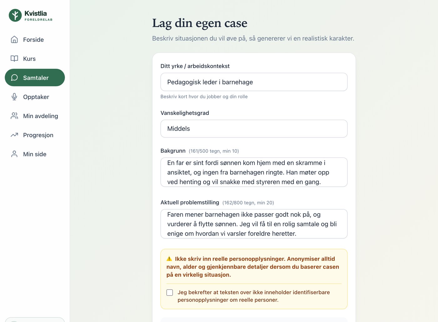 Eksempel: Lag din egen case i en fiktiv barnehagelab, med en situasjon fylt ut