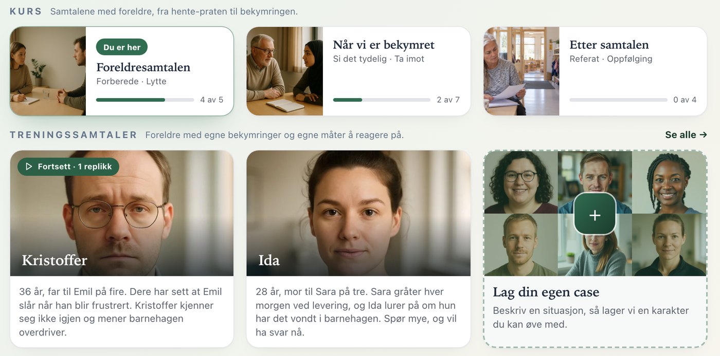 Eksempel: forsiden i en fiktiv barnehagelab med kurs og foreldre å øve med