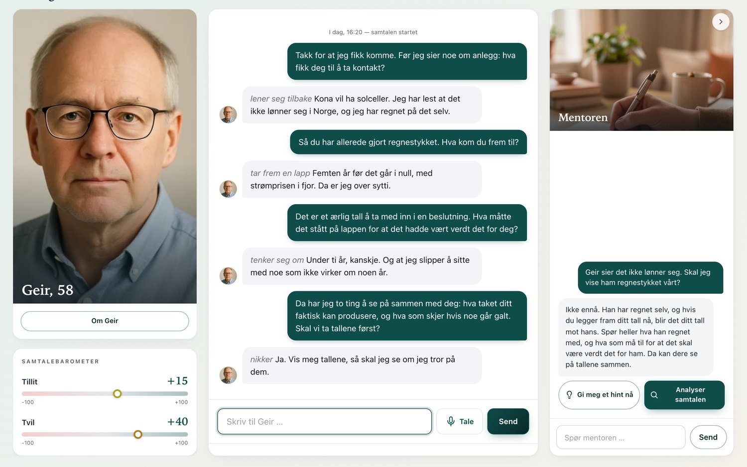 Eksempel: Treningssamtale med kunden Geir, med samtalebarometer for tillit og tvil