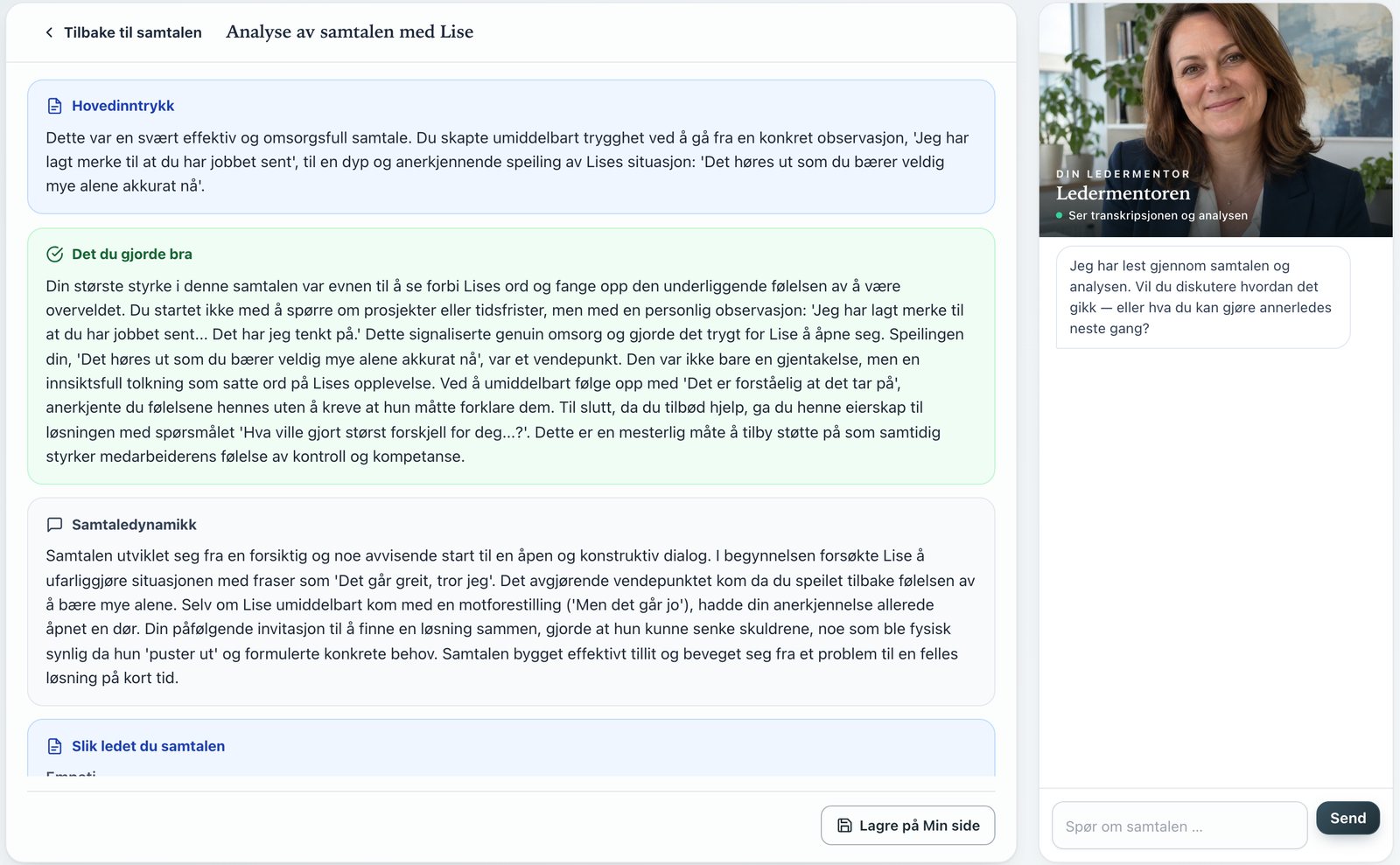 Lederlab: analyse av samtalen med Lise, med hovedinntrykk, det du gjorde bra og samtaledynamikk, og ledermentoren i panelet til høyre