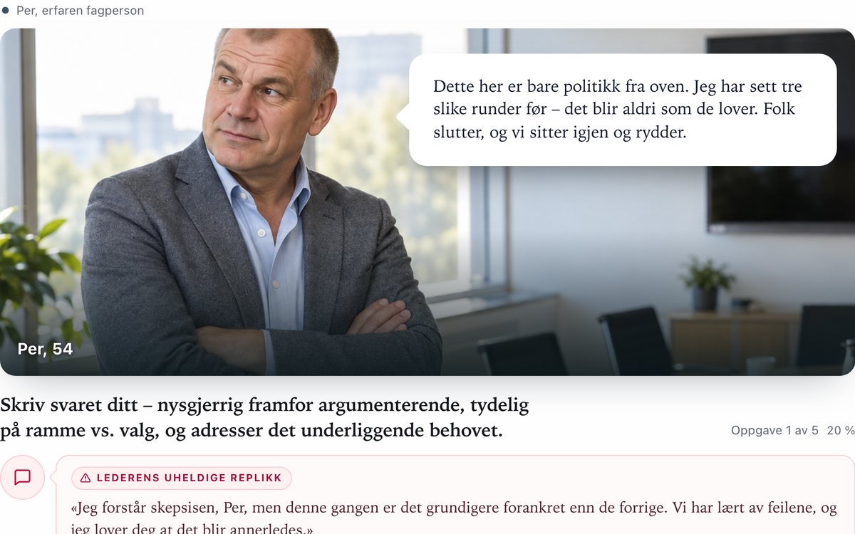 Lederlab: skriv-om-øvelse der Per sier at endringen bare er politikk fra oven, og lederen skal skrive om en uheldig replikk