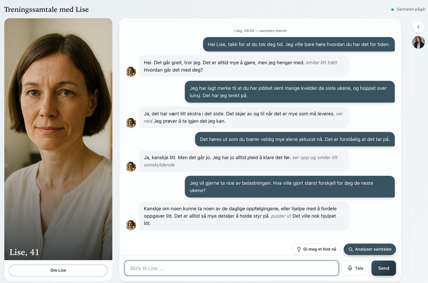 Lederlab: treningssamtale med Lise, der lederen sier hva hun har lagt merke til og Lise etter hvert sier hva som ville hjulpet