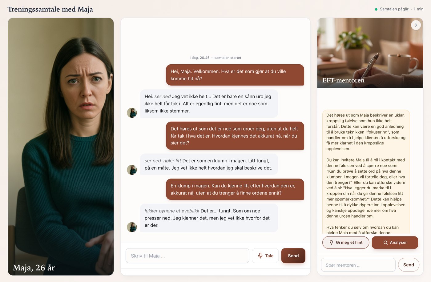 EFT-lab: treningssamtale med Maja, der mentoren gir et hint