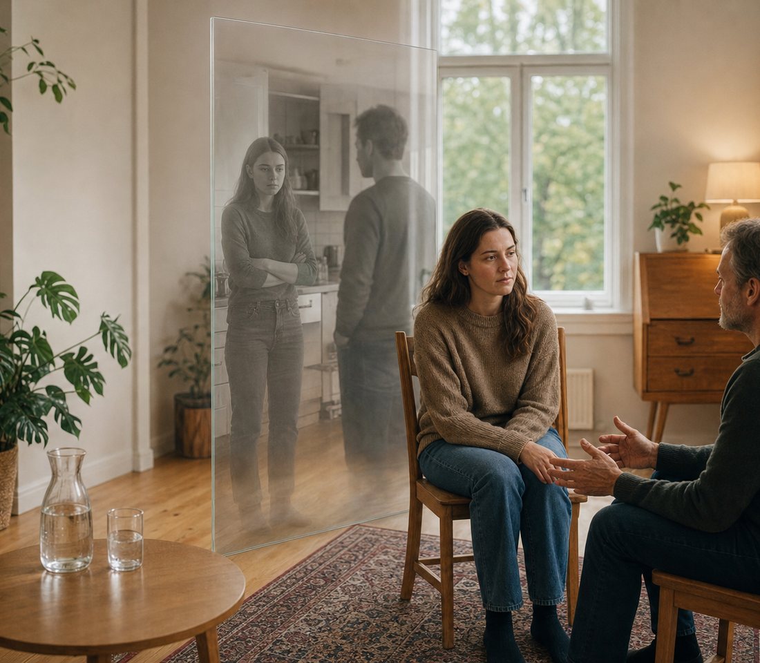 Illustrasjon: klienten ser på et minne gjennom en gjennomsiktig glassrute