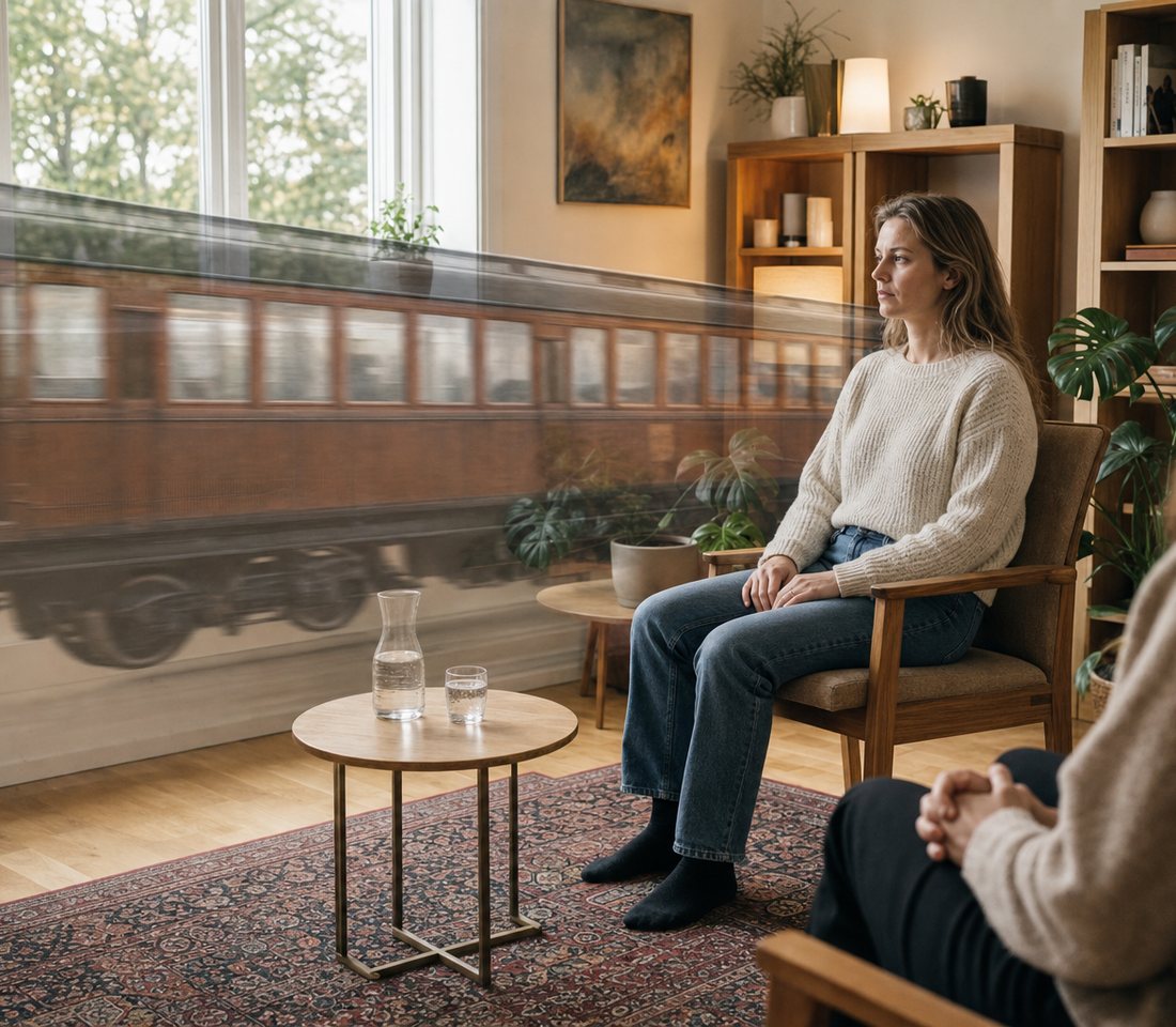 Illustrasjon: en klient ser rolig et gjennomsiktig tog passere gjennom terapirommet