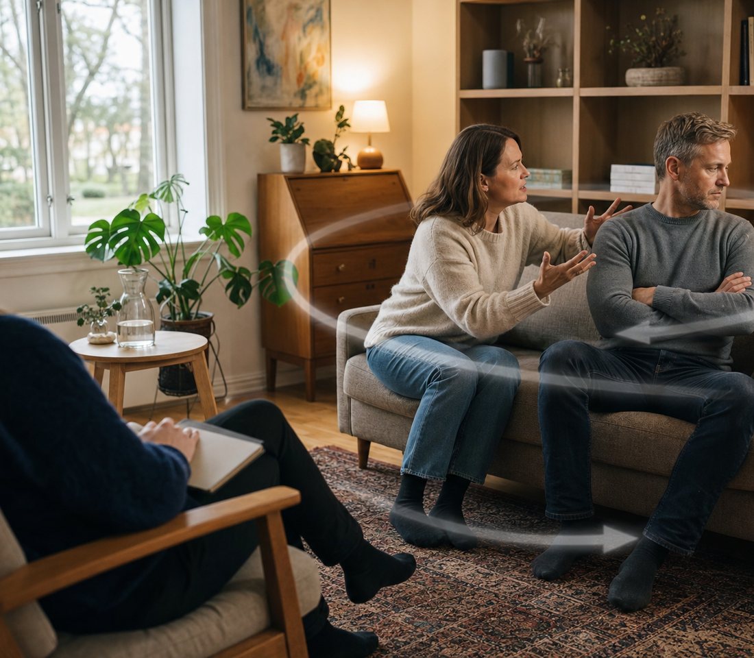 Illustrasjon: et par i terapi, fanget i en gjennomsiktig sirkel av lys