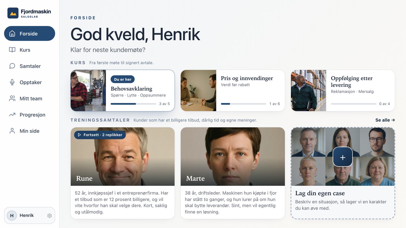 Eksempel: forsiden i en salgslab for en fiktiv bedrift, med kurs, kunder å øve med og egen logo
