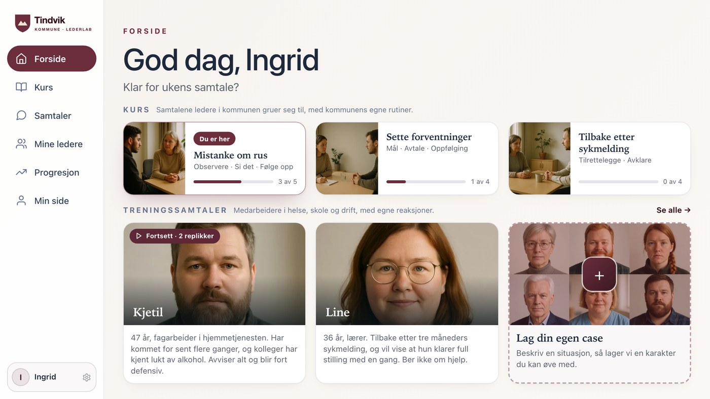 Eksempel: forsiden i en lederlab for en fiktiv kommune, med egen logo og farge, kurs om rus, forventninger og sykmelding, og medarbeidere å øve med